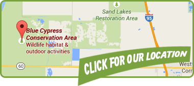 Map of Vero Beach area showing Blue Cypress Conservation Area with a "Click for our location" banner.